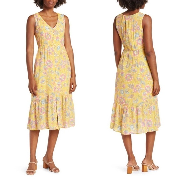 NWT Nanette Lepore Women's Sleeveless Yellow Floral Tiered Midi SunDress sz 14 - Picture 2 of 15